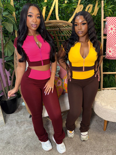 Splicing color blocking round neck short sleeved high waisted micro trumpet two-piece set