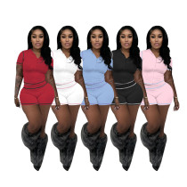 Zipper hooded cardigan high stretch short sleeved shorts two-piece set