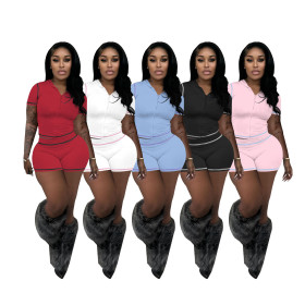 Zipper hooded cardigan high stretch short sleeved shorts two-piece set