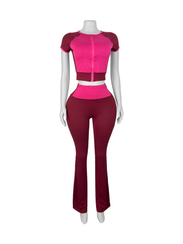 Splicing color blocking round neck short sleeved high waisted micro trumpet two-piece set