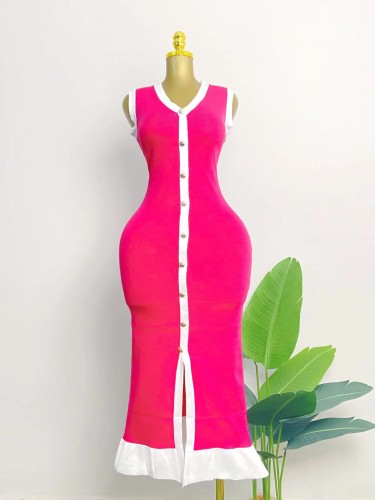 Color blocking cardigan dress V-neck sleeveless single breasted knit skirt