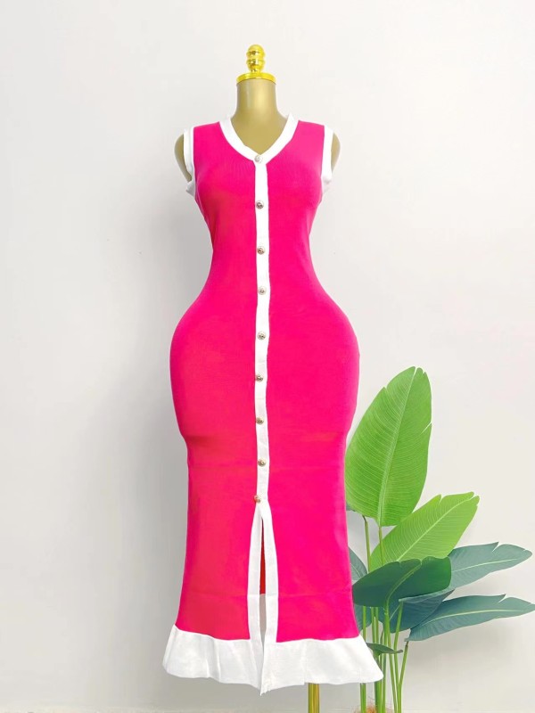 Color blocking cardigan dress V-neck sleeveless single breasted knit skirt