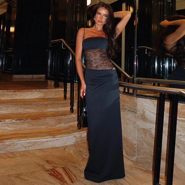 Lace patchwork suspender see through hollow dress