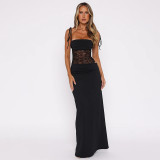 Lace patchwork suspender see through hollow dress