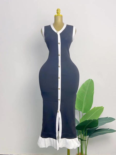 Color blocking cardigan dress V-neck sleeveless single breasted knit skirt