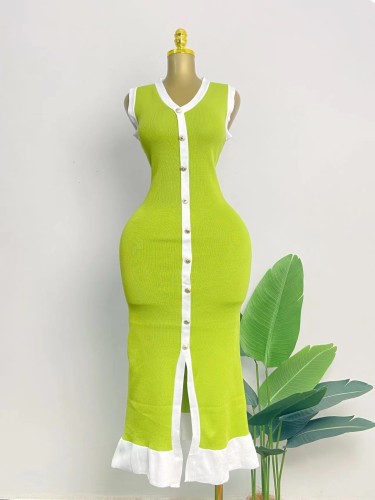 Color blocking cardigan dress V-neck sleeveless single breasted knit skirt