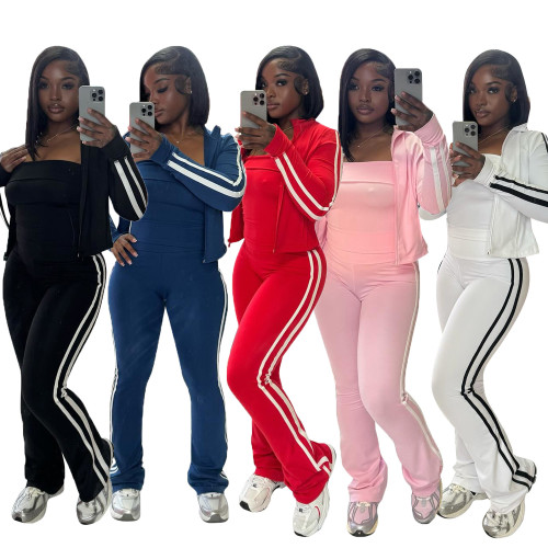 Striped zipper long sleeved jacket strapless sports three piece set CM9525