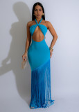 Hollow out sleeveless neck hanging tight fringe jumpsuit long skirt A7526