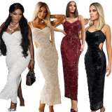 Sequin nail bead suspender long slit dress CY901681