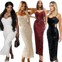 Sequin nail bead suspender long slit dress CY901681 Sequin nail bead suspender long slit dress CY901681