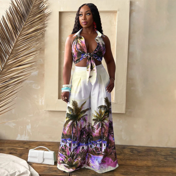 Printed sleeveless shirt collar wide leg pants set X20158