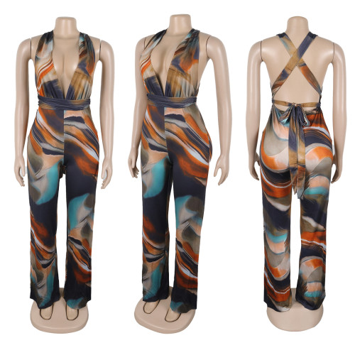 Oil painting style backless hanging neck deep V-jumpsuit A7518