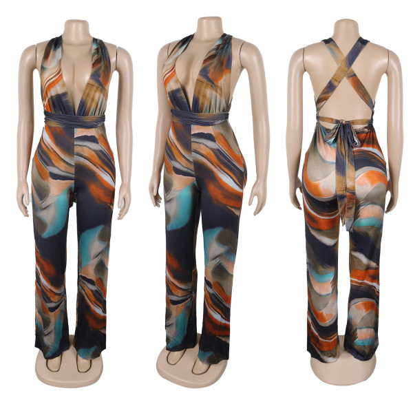 Oil painting style backless hanging neck deep V-jumpsuit A7518