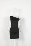 Waist cinched slanted collar hollow metal hip wrapped short skirt dress XS-L45354