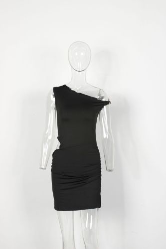 Waist cinched slanted collar hollow metal hip wrapped short skirt dress XS-L45354