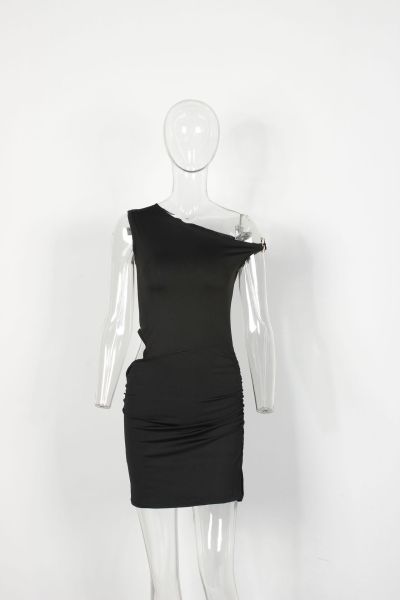 Waist cinched slanted collar hollow metal hip wrapped short skirt dress XS-L45354