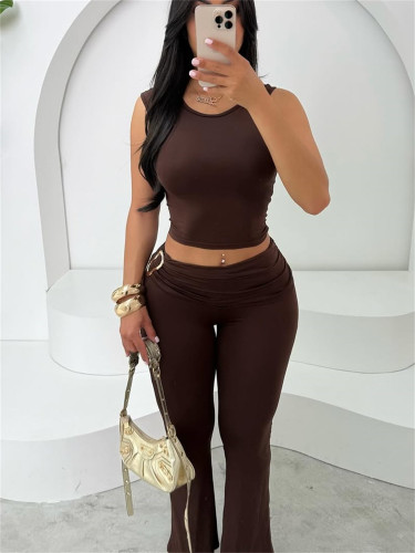 Open belly button sleeveless top, tight fitting hip hugging pants set XS-L45608