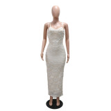 Sequin nail bead suspender long slit dress CY901681