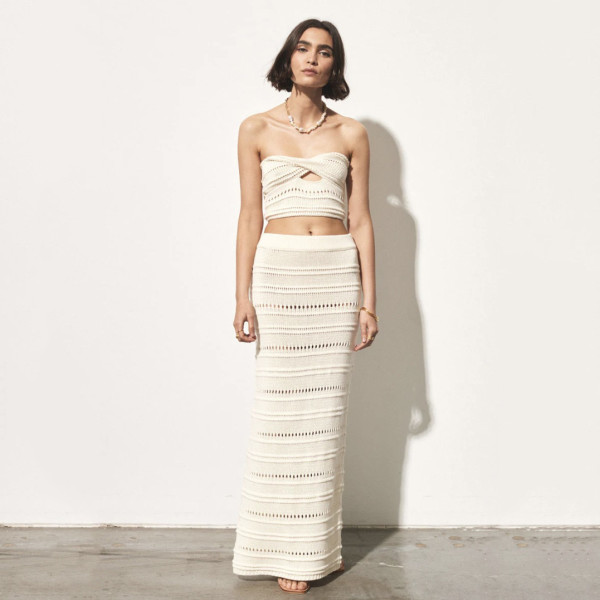 Hollow out perspective strapless top, hip hugging long skirt two-piece set JP835