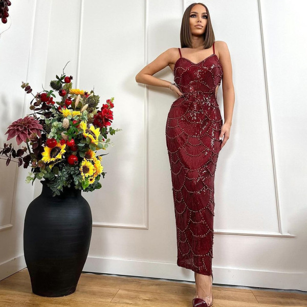 Sequin nail bead suspender long slit dress CY901681
