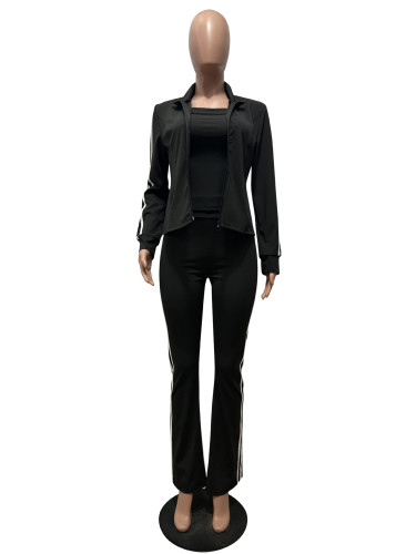 Striped zipper long sleeved jacket strapless sports three piece set CM9525