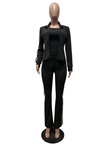 Striped zipper long sleeved jacket strapless sports three piece set CM9525