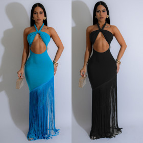 Hollow out sleeveless neck hanging tight fringe jumpsuit long skirt A7526
