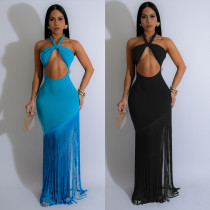 Hollow out sleeveless neck hanging tight fringe jumpsuit long skirt A7526 Hollow out sleeveless neck hanging tight fringe jumpsuit long skirt A7526
