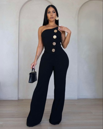 Strapless large button sleeveless sports jumpsuit AJ4477
