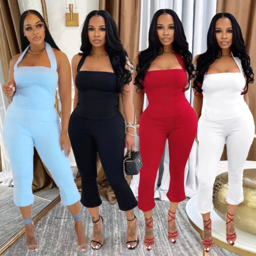 Backless lace up halter top vest set A7542