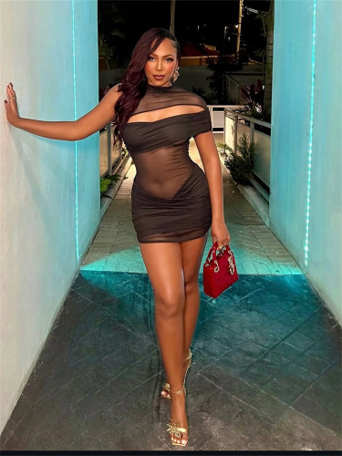 Splicing off shoulder sleeveless hip hugging short skirt XS-L45432