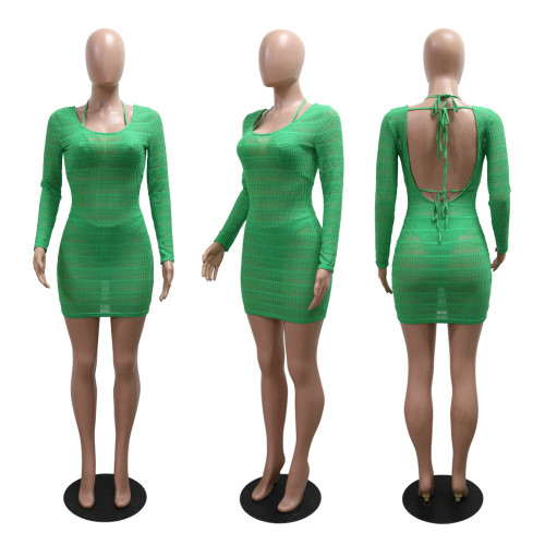 Hollow out short skirt paired with triangular pants and lace up underwear three piece set CY901684