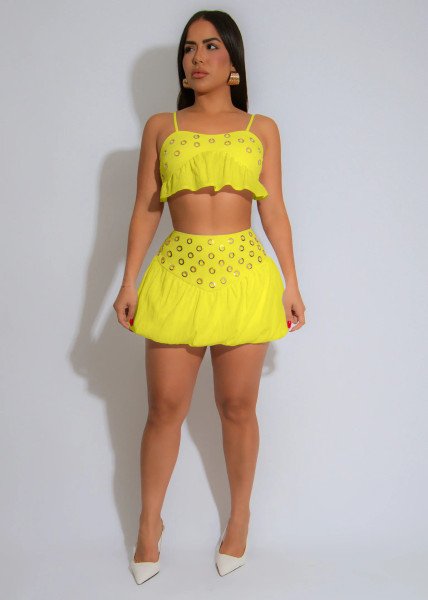 Off shoulder camisole top high waisted short skirt set A7546