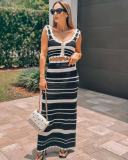 Striped knit vest top, high waist contrasting half skirt two-piece set MAR226