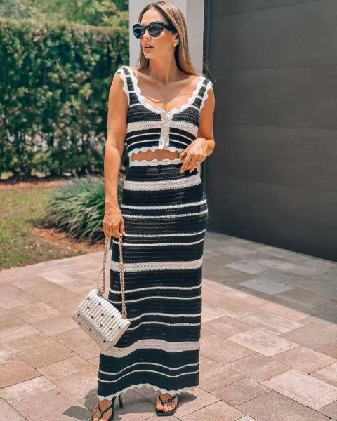 Striped knit vest top, high waist contrasting half skirt two-piece set MAR226