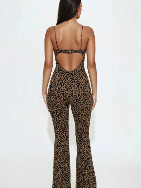 Sleeveless leopard print backless suspender strapless high waisted hip lifting jumpsuit XS-L45500