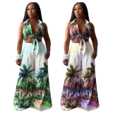 Printed sleeveless shirt collar wide leg pants set X20158