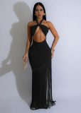 Hollow out sleeveless neck hanging tight fringe jumpsuit long skirt A7526
