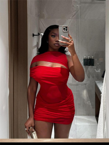 Splicing off shoulder sleeveless hip hugging short skirt XS-L45432