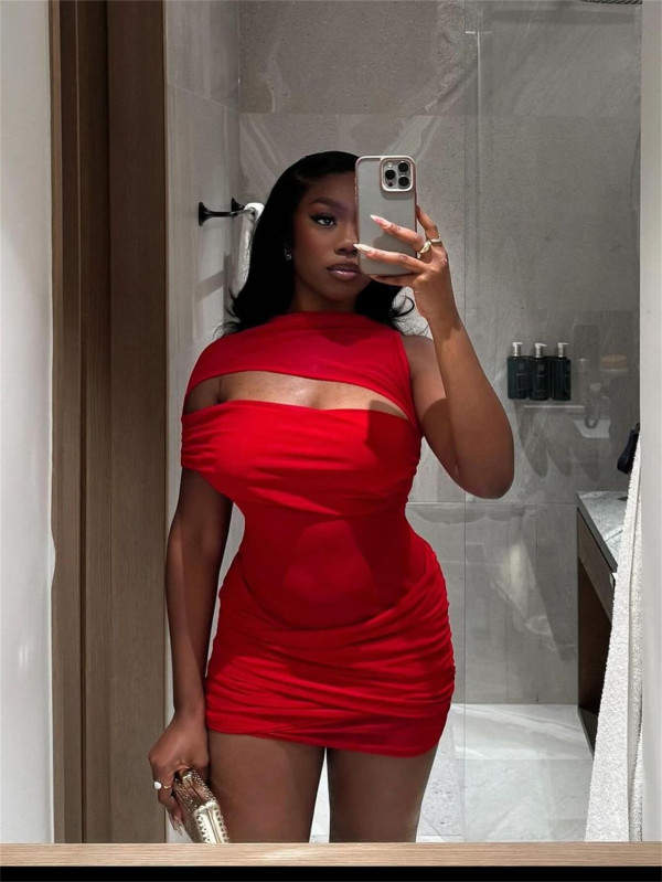 Splicing off shoulder sleeveless hip hugging short skirt XS-L45432