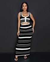 Striped knit vest top, high waist contrasting half skirt two-piece set MAR226