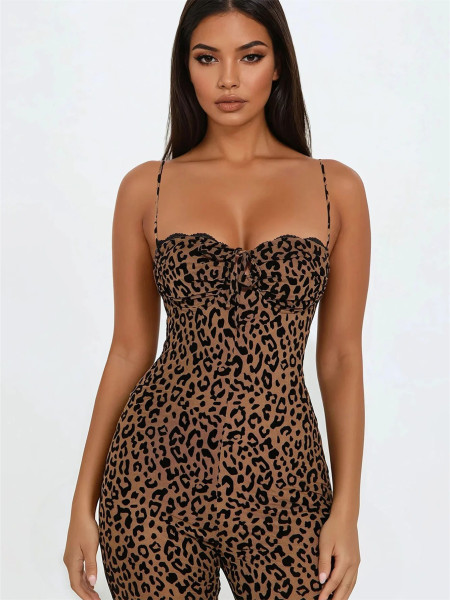 Sleeveless leopard print backless suspender strapless high waisted hip lifting jumpsuit XS-L45500