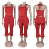 Backless lace up halter top vest set A7542