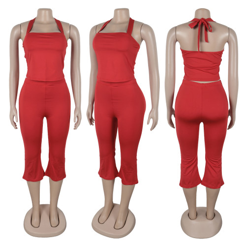 Backless lace up halter top vest set A7542