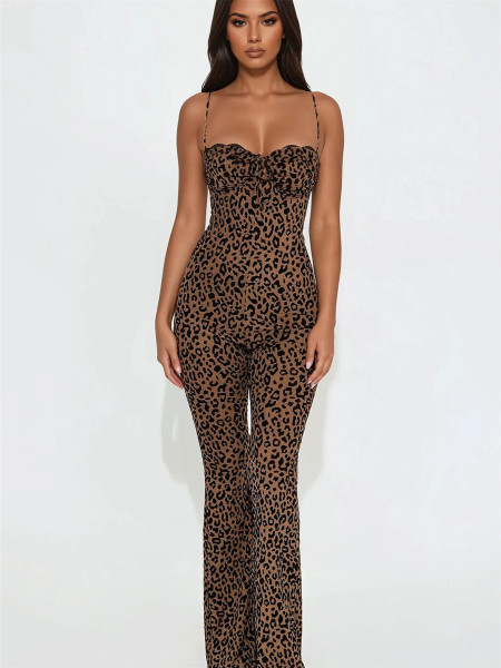 Sleeveless leopard print backless suspender strapless high waisted hip lifting jumpsuit XS-L45500