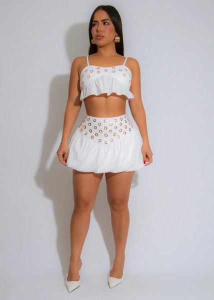 Off shoulder camisole top high waisted short skirt set A7546