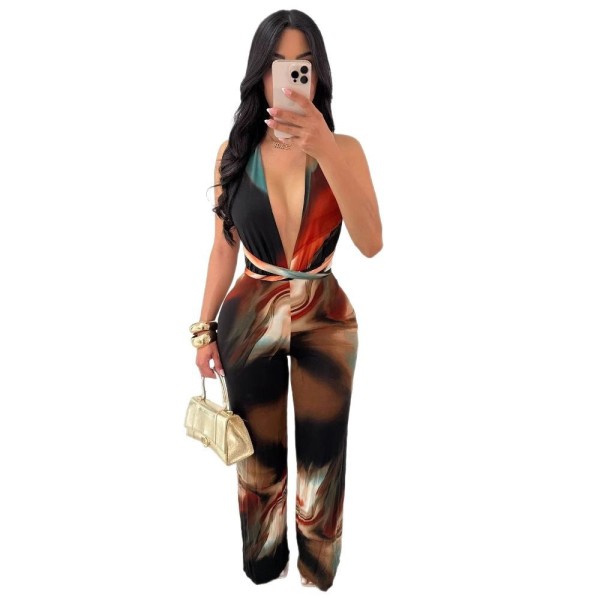 Oil painting style backless hanging neck deep V-jumpsuit A7518