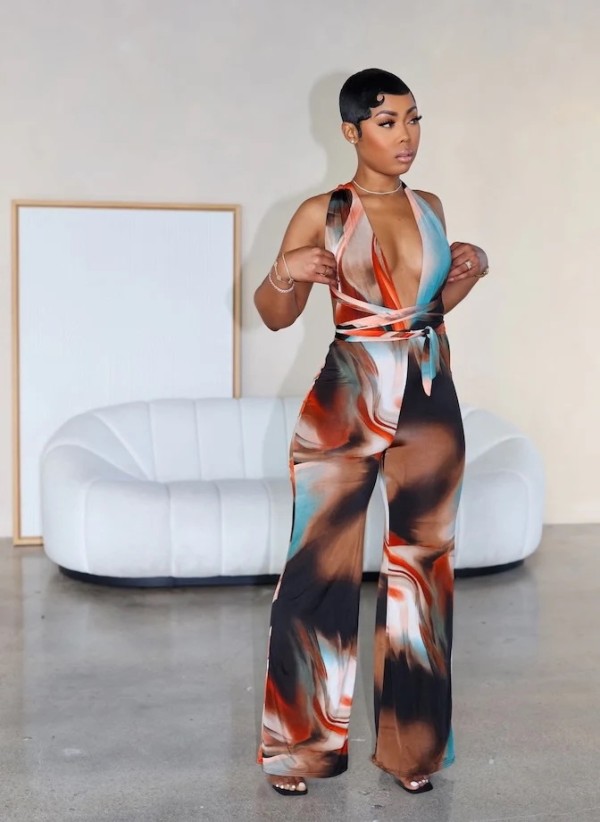 Oil painting style backless hanging neck deep V-jumpsuit A7518