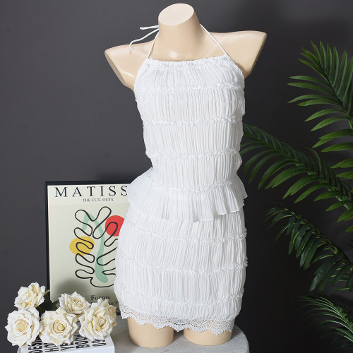 Hollow out ruffle edge, chest wrapped, backless top, short skirt 51690SBD