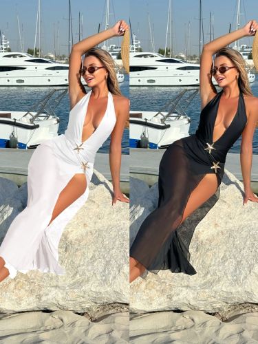 Conjoined slit long skirt mesh neck hanging bikini S911894321603